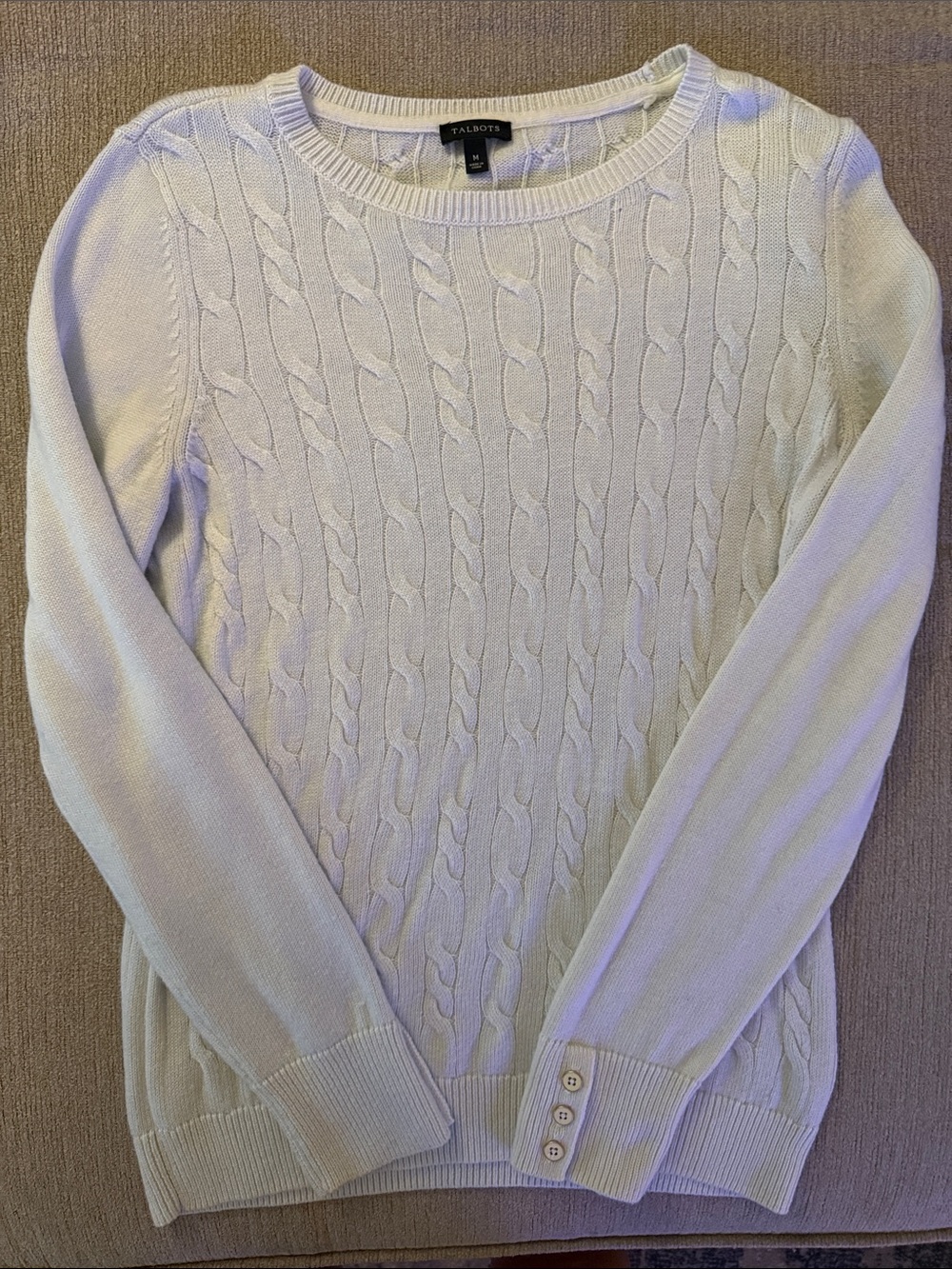 Talbots Cream Cable Crewneck Sweater with Button Cuffs